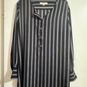 LOFT Women's Long-Sleve Striped Black and Gray Tunic-Style Blouse